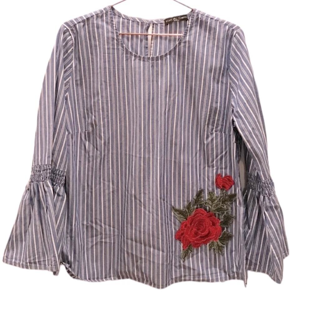 Kim & Cami Striped Floral Appliqué Bell Sleeve Blouse